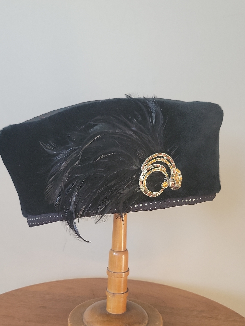 Handmade, One Off Black Faux Fur Hat with  Feathers And Gold Crystal Brooch